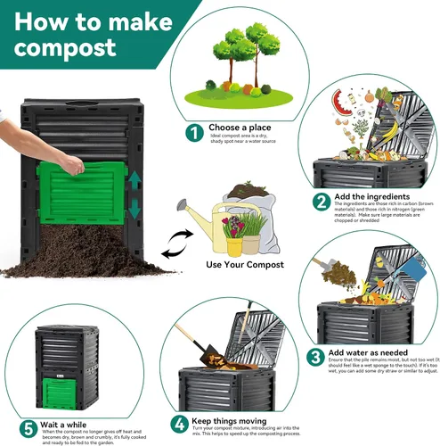 Vista 6 de YITAHOME Contenedor de compostaje grande para exteriores, caja de compostaje de 80 galones (300 L) con tapa superior a presión y sistema