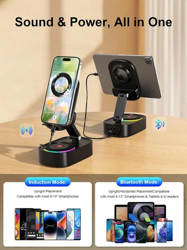 Vista 4 de Altavoz de inducción inalámbrico, soporte para teléfono celular con altavoz Bluetooth inalámbrico, soporte para iPhone 5 en 1 con luz colorida