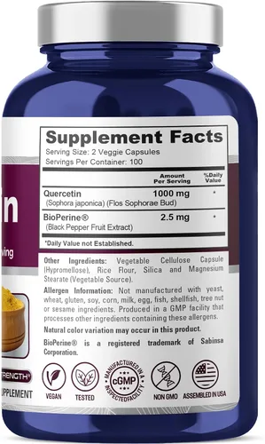 Vista 2 de NusaPure Quercetina, sin OMG, vegano, 1000 mg, 200 cápsulas vegetales - 100 porciones Plant Based Formula with Sophora Japonica & BioPerine