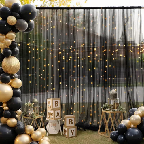 Vista 4 de Cortina de telón de fondo de tul negro de 10 x 10 pies con cadena de luces para fiestas, cortinas de fondo de fotos transparentes para bodas