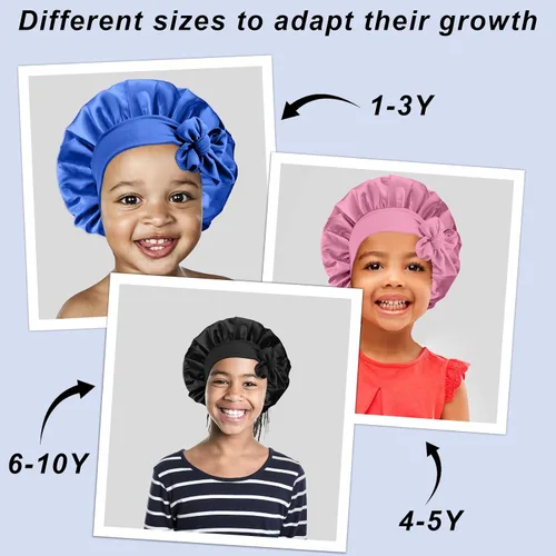Vista 7 de 3 Piezas Gorros de Seda para Niños para Dormir - Gorro de Satén para Bebé para Dormir, Gorros de Cabello para Niños para Cabello Rizado Niñas Niños