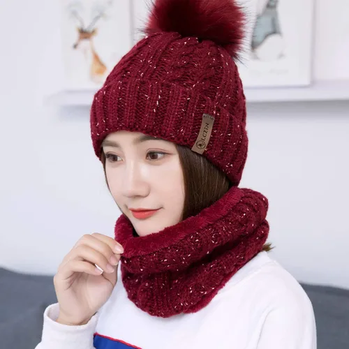 Vista 5 de LCZTN - Gorro de lana con pompón para mujer conjunto de gorro y bufanda para niñas bonito gorro de invierno para esquí, de punto holgado con forro