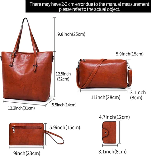Vista 2 de Bolso y bolso vintage para mujer, bolso de hombro de cuero, bolso grande con asa superior, juego de 4 piezas, Azul oscuro