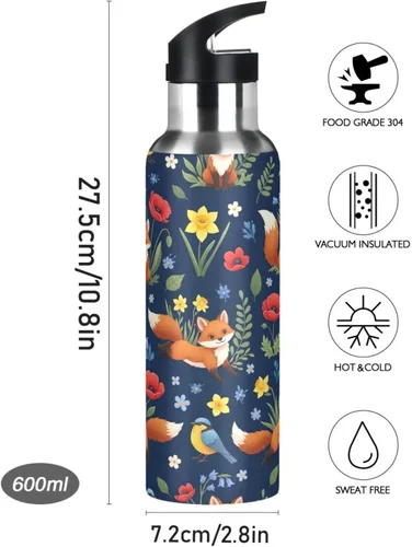 Vista 9 de Insulated Water Bottle 32 Oz, Leakproof Water Bottles for Gym Outdoor Travel School, Cute Foxes Colorful Flowers