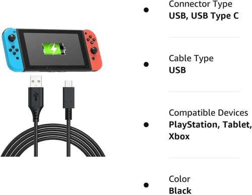 Vista 8 de Cable de carga para Nintendo Switch Fyoung, 9.8 pies de largo, de carga rápida, USB tipos A - C, cable de carga para Switch