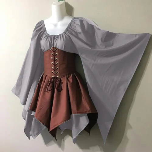 Vista 4 de Attine Disfraz retro medieval para mujer, vestido gótico vikingo irlandés, vestido de cosplay de elfo, vestido victoriano con mangas de trompeta