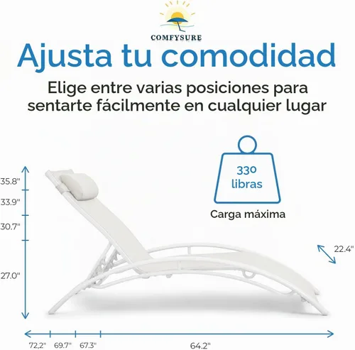 Vista 2 de ComfySure Juego de 2 sillas de aluminio reclinables de textileno de 4 posiciones con almohada y reposabrazos, apilables, resistentes a los rayos UV