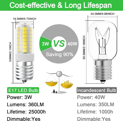 Vista 2 de Bombillas LED de microondas debajo del capó equivalente a 40 W, bombilla LED E17 regulable para campana extractora, refrigerador, 3 W 360 lm LED