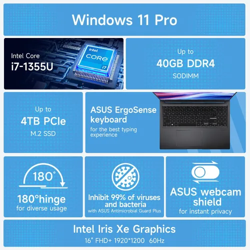 Vista 5 de ASUS Vivobook 16 F1605 Business Pro Laptop, 16" WUXGA (1920 x 1200), Intel i7-1355U, 24GB RAM, 1TB SSD, paquete con radiador plegable PCO Notebook