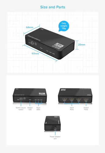 Vista 7 de TEC Interruptor HDMI 4K 3x1 Conmutador HDMI 3 en 1 Salida Selector de interruptor HDMI 3 puertos con control remoto IR HDMI HDCP 2.2 Soporte 4K