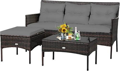 Vista 9 de Tangkula juego de sofá de esquina para patio de 3 piezas, juego de sofá de ratán para exteriores, incluye chaise lounge, sofá doble y mesa auxiliar