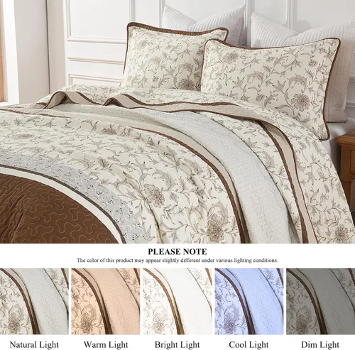 Vista 8 de DDUOXIN Edredón 100 % algodón, tamaño Queen, moderno, botánico, con 2 fundas de almohada, colcha con estampado floral a rayas, juego de ropa de cama