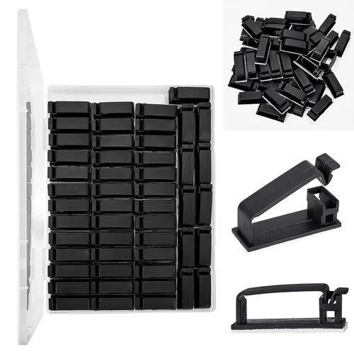 Vista 5 de 50 clips autoadhesivos para organizar cables, organizadores de cables, soportes para cables para PC, laptop, cable Ethernet, escritorio, oficina
