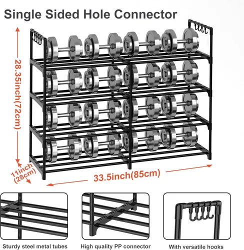Vista 3 de Estante para zapatos de 2 filas y 4 niveles, estante de zapatos apilable de metal negro con ganchos multifuncionales, capacidad para 16-20 pares