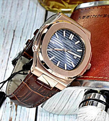 Vista 5 de TIME WARRIOR LGXIGE 2019 Reloj elegante de cuarzo para hombre, correa de cuero, analógico, estilo Patek, Oro, Movimiento de cuarzo