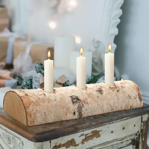 Vista 6 de Roowest Portavelas de madera de abedul de Navidad, 3 piezas, decoración de madera de abedul decorativo para chimenea, decoración interior, centros