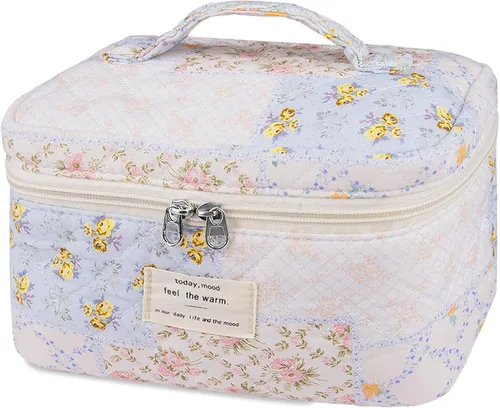 Vista 30 de Gosect Bolsa de maquillaje grande, bonita bolsa de cosméticos para mujeres y niñas, bolsa de aseo estética de coqueta floral, bolsa organizadora