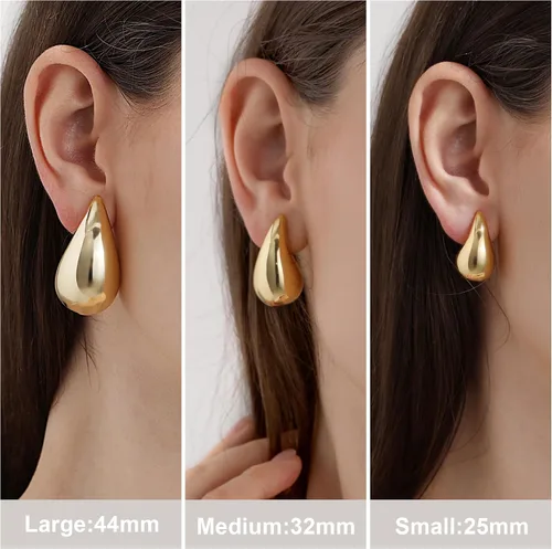 Vista 2 de Aretes de aro gruesos de oro para mujer, aretes ligeros de lágrima de plata de ley 925, aretes grandes chapados en oro, aretes de gota de agua