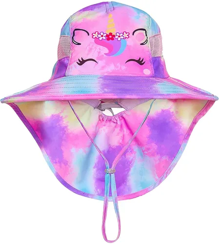 Vista 7 de Sombrero de sol para niños, protección UV, unicornio, verano, playa, sombreros de ala ancha para el cuello para niñas y niños de 2 a 9 años