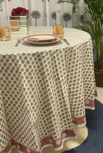 Vista 39 de Ridhi Mantel redondo estampado a mano color rosa flamenco 110 pulgadas 100%