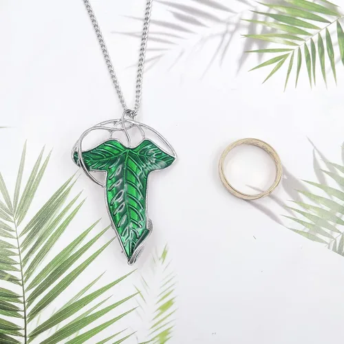 Vista 2 de El único anillo para gobernarlos todos para hombres y mujeres, El señor de los anillos, elegante collar con dije de hoja de árbol verde elfo, broche