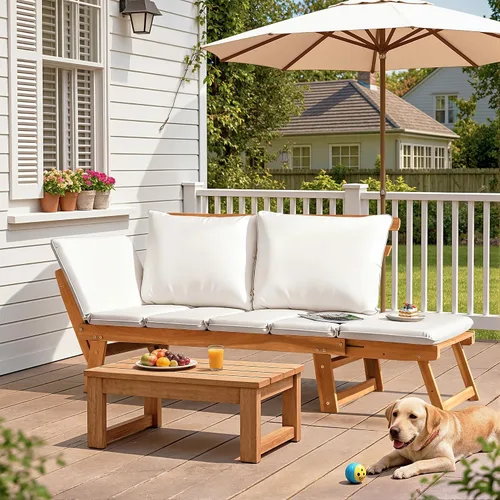 Vista 7 de Flamaker Sofá de exterior con reposabrazos ajustables, sofá biplaza de madera de acacia para patio con cojines suaves, muebles de patio convertibles
