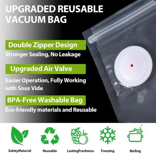 Vista 5 de 20 bolsas selladoras al vacío para alimentos, bolsas reutilizables con cremallera al vacío sin BPA con válvula de aire mejorada, bolsas