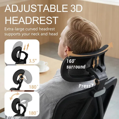Vista 6 de Silla de oficina ergonómica de malla con reposabrazos, silla de escritorio grande y alta con soporte lumbar, silla giratoria de computadora