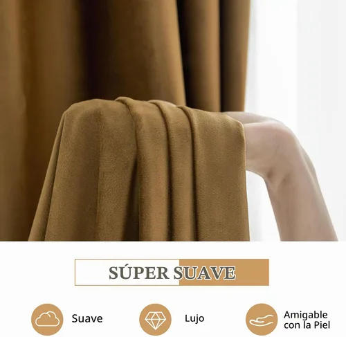 Vista 7 de Beauoop - Cortinas de terciopelo marrón para dormitorio, sala de estar, 52 x 96 pulgadas, 2 paneles Marrón dorado