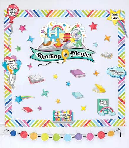 Vista 6 de Carson Dellosa - Juego de 53 piezas de Reading is Magic, arco iris retro, globos, libros y recortes de estrellas con citas inspiradoras