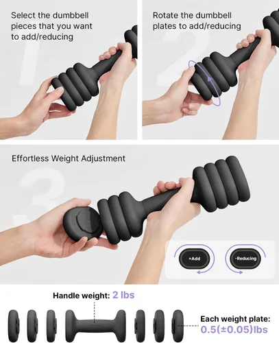 Vista 3 de YOTTOY Juego de 2 mancuernas ajustables, pesas de mano 4 en 1 para mujeres en casa, juego de mancuernas compactas con agarre suave y base, 2-5 Negro
