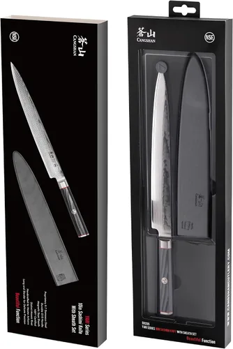 Vista 7 de Cangshan YARI Series 501295 - Cuchillo Sashimi de 10 pulgadas con funda, acero de Damasco X-7