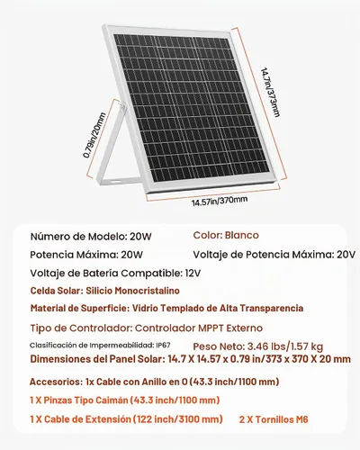 Vista 7 de VEVOR Cargador de Batería de Panel Solar de 20W 12V, Cargador de Goteo Mantenedor de Batería Solar con Controlador MPPT Inteligente y Soporte
