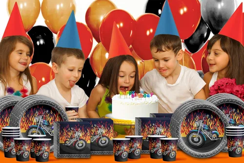 Vista 7 de Juego de suministros para fiesta de cumpleaños de motociclistas, platos, servilletas, vasos, vajilla para 16