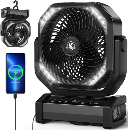 Vista 13 de KITWLEMEN - Ventilador de camping con luz - Ventilador recargable de 20,000 mAh con batería, tiempo máximo de funcionamiento de 60 horas, 4