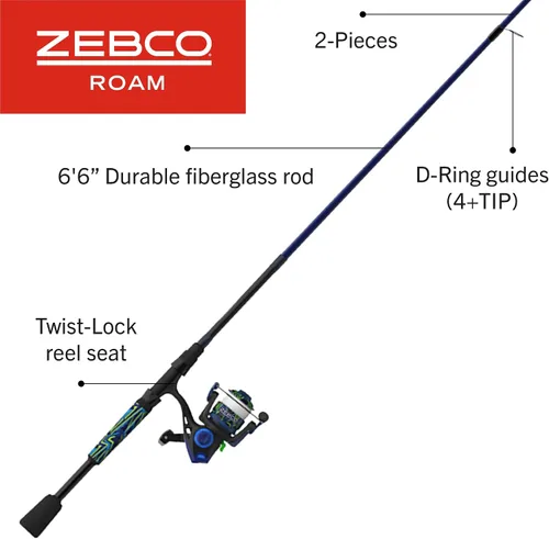 Vista 2 de Zebco Roam - Combo de carrete giratorio y caña de pescar, varilla de fibra de vidrio, mango cómodo dividido, perilla de mango suave al tacto