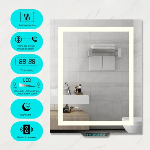 Vista 2 de Tech Drive Espejo de baño con luces LED, espejo de tocador de baño de 24 x 30 pulgadas con altavoces Bluetooth y llamada telefónica, control sin