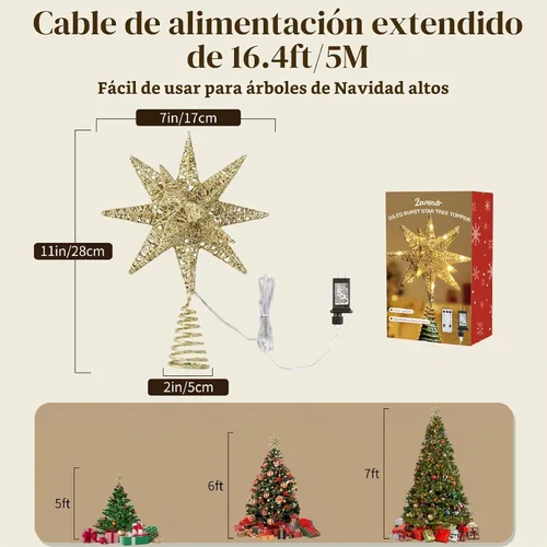 Vista 7 de Lewondr Decoración para árbol de Navidad, decoración de árbol de Navidad con forma de estrella en 3D con diseño de explosión de estrellas, control