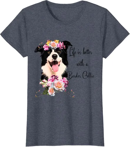Vista 67 de Life is Better With a Border Collie - Camiseta de perro lindo con flores, gris, S Gris Oscuro