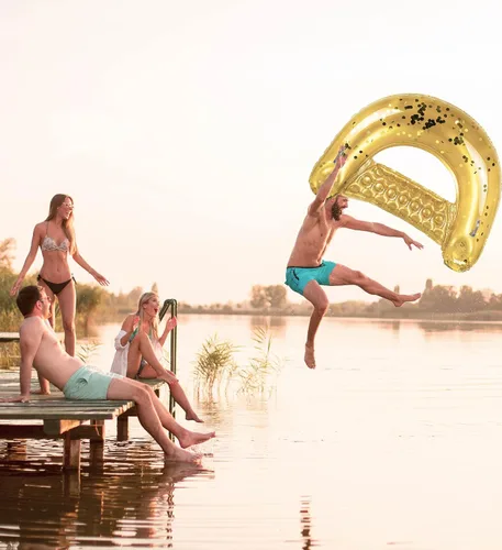 Vista 4 de POZA Silla flotante inflable para piscina, tumbona lujosa rellena de confeti brillante, 2 portavasos y asas integrados, silla flotante de agua