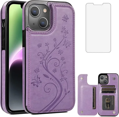 Vista 8 de Funda compatible con iPhone 15 Plus de 6.7 pulgadas con protector de pantalla de vidrio templado y tarjetero con soporte para tarjetero, funda