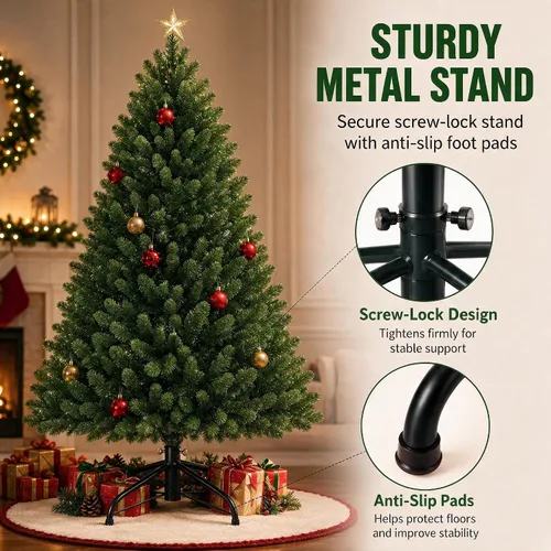 Vista 5 de Árbol de Navidad artificial de 4.5 pies, abeto de alta calidad con bisagras de metal y base plegable, para reuniones en el hogar y decoraciones