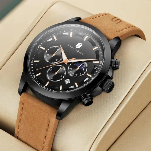 Vista 6 de SAPPHERO Relojes para hombre, cronógrafo, de acero inoxidable, impermeable, cuarzo, para negocios, casual, reloj de vestir para hombre, fecha Negro