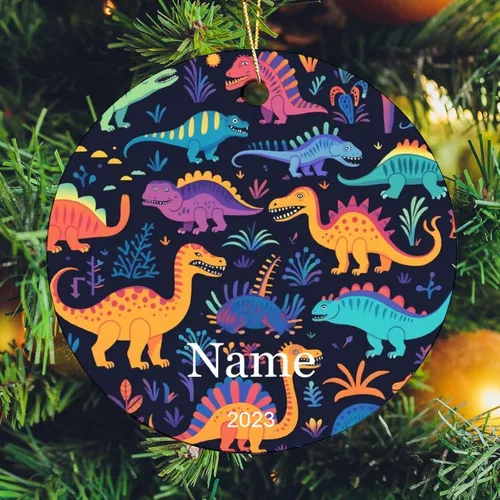 Vista 6 de Adorno colorido con patrón de dinosaurio de 3 pulgadas, adorno de Navidad de cerámica de 3 pulgadas, bonito adorno de Navidad de dibujos animados