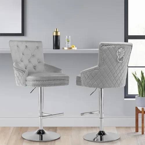 Vista 7 de Juego de 2 taburetes de bar giratorios de terciopelo, taburetes de bar giratorios ajustables de 360° con anillo de tracción de león, taburete de bar