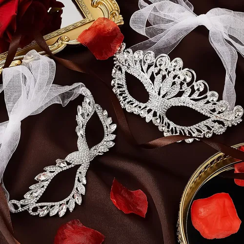 Vista 7 de 2 máscaras de máscaras de diamantes de imitación de cristal de fantasía para fiesta veneciana graduación corona para disfraz de mujer