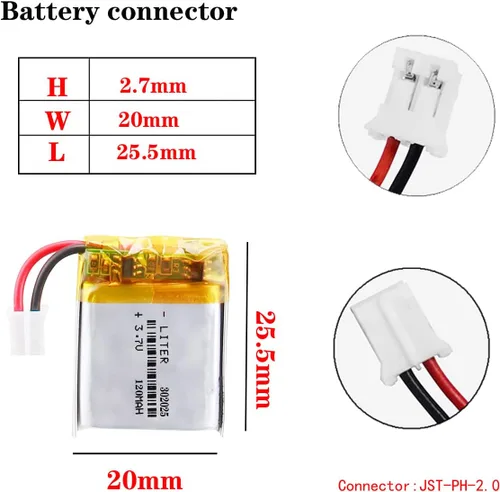 Vista 2 de Liter 3.7V 120mAh 302025 Lipo Batería recargable de iones de polímero de litio con conector JST 0.079 in