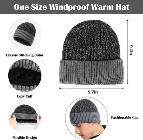 Vista 5 de Guantes para hombre para clima frío invierno cálido de felpa gris oscuro gorro de punto grueso para Navidad Año Nuevo regalo de cumpleaños