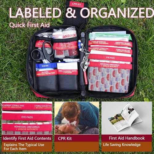 Vista 2 de Pequeños botiquines de primeros auxilios, botiquín de primeros auxilios de viaje con compartimentos etiquetados, sistema Molle, kit médico compacto