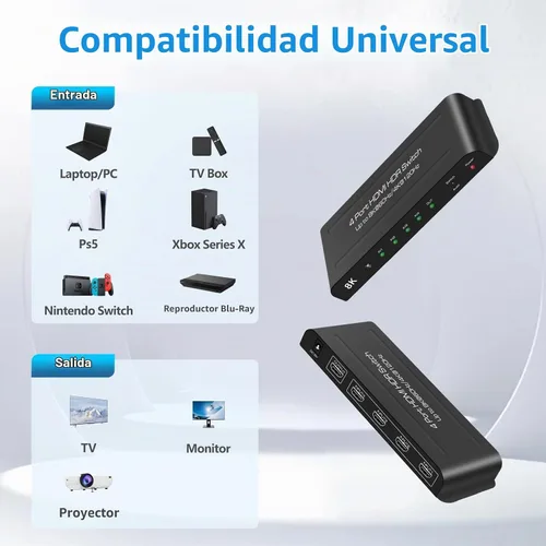 Vista 6 de 8K HDMI Switch 4 en 1 salida 4K @120Hz HDMI Switcher con control